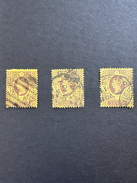 Used Stamps - 3 x Queen Victoria 3d Jubilee Issue Purple on Yellow