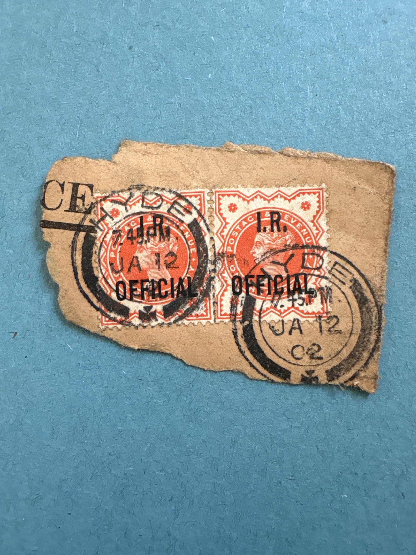 Overprint - 2 x Queen Victoria 1/2d Vermillion with I.R. Official Overprint on Piece