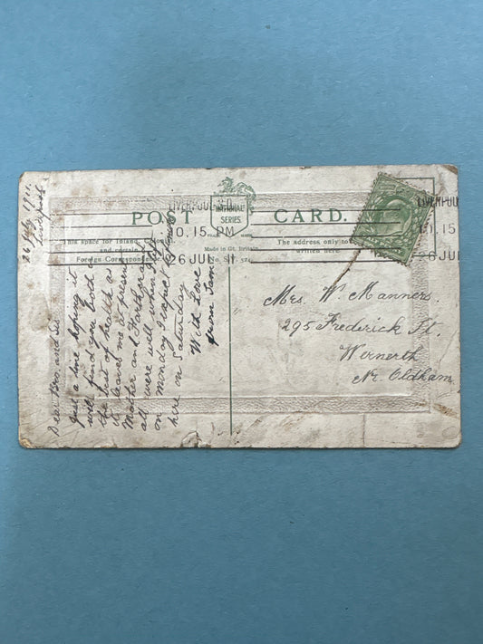 History - 1911 Postcard from St John's Gardens, Liverpool to Oldham + KE VII Half Penny