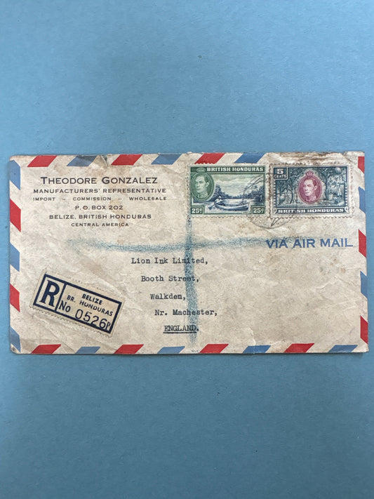 History - Air Mail Envelope Registered Post from Belize to Manchester (approx. 1960, postmark unclear)