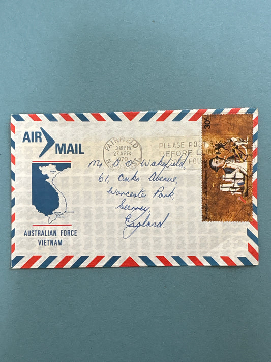 History - Air Mail Envelope from Australian Forces Vietnam to Surrey 1970