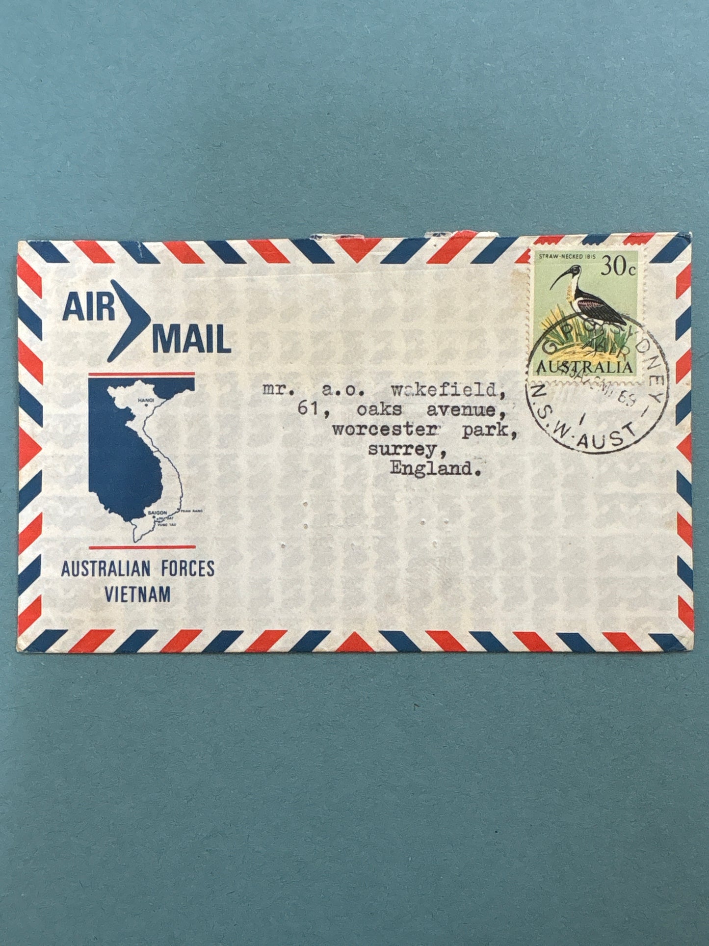 History - Air Mail Envelope from Australian Forces Vietnam to Surrey 1969