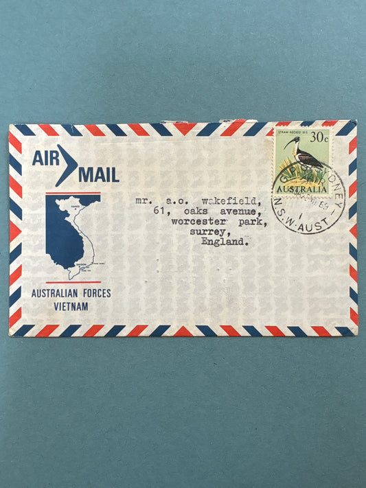History - Air Mail Envelope from Australian Forces Vietnam to Surrey 1969