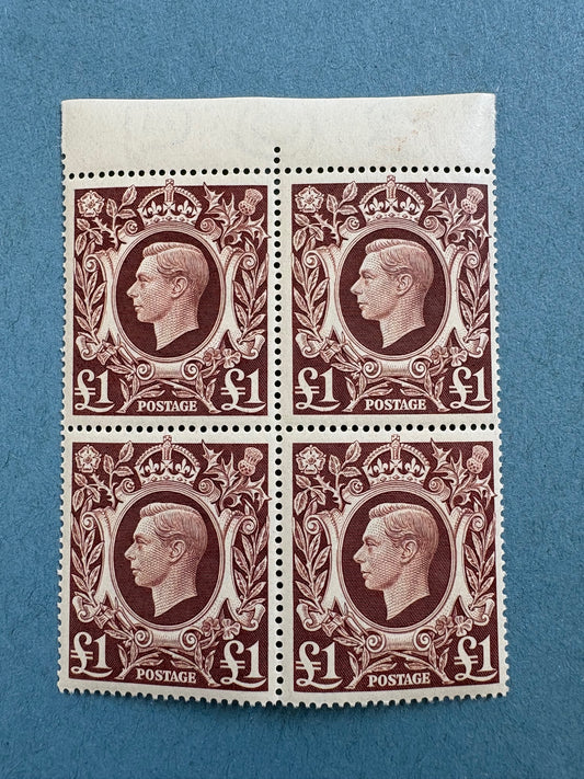 Mint Stamps - King George VI £1 Brown Block of 4 Margin