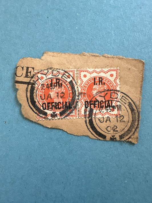 Overprint - 2 x Queen Victoria 1/2d Vermillion with I.R. Official Overprint on Piece