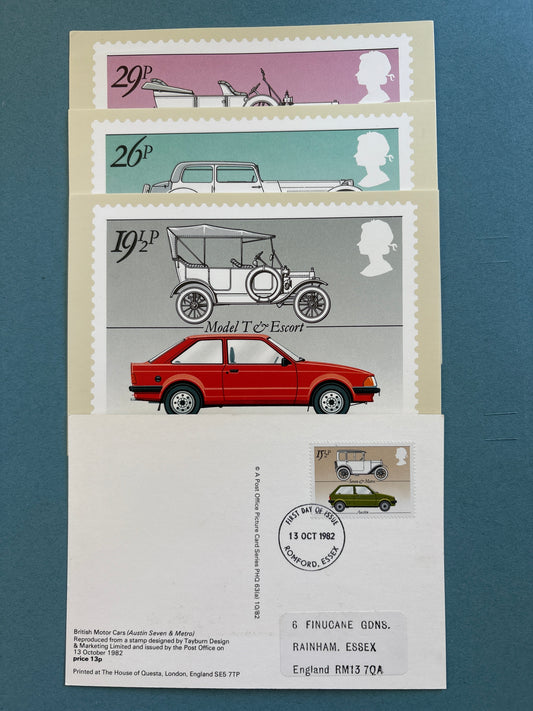 PHQ FDC - Set of all 4 Cards in the British Motor Cars Set of 1982 PHQ63 as First Day Covers
